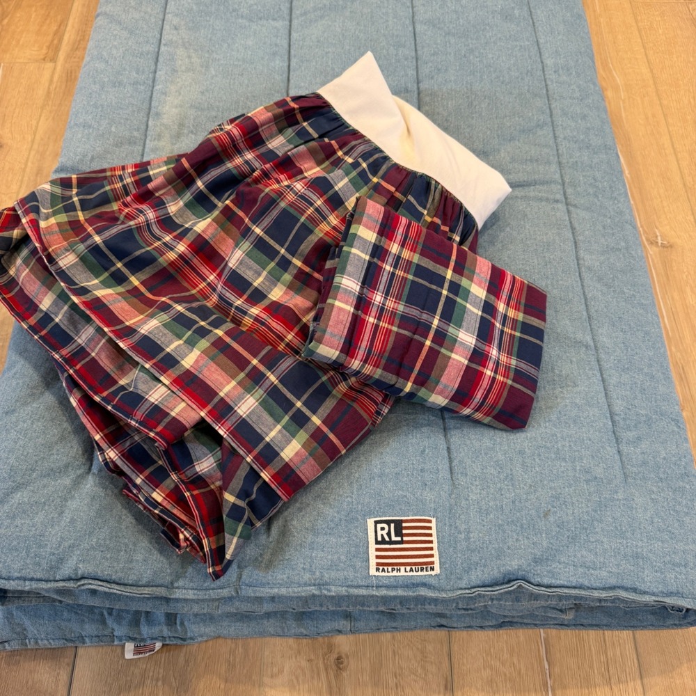 VTG Ralph Lauren Denim Comforter Set Blue Jean Flag Logo Plaid Sham/Skirt Queen